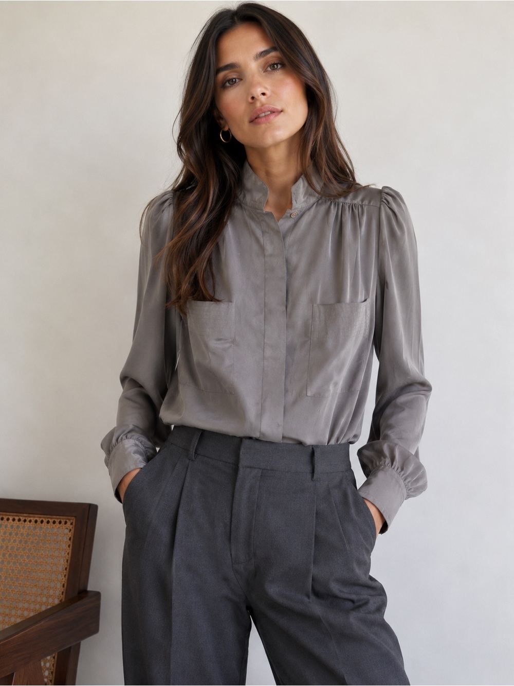 Vintage Antonella Blouse Grey Satin Puff Shoulder Feminine Size S M